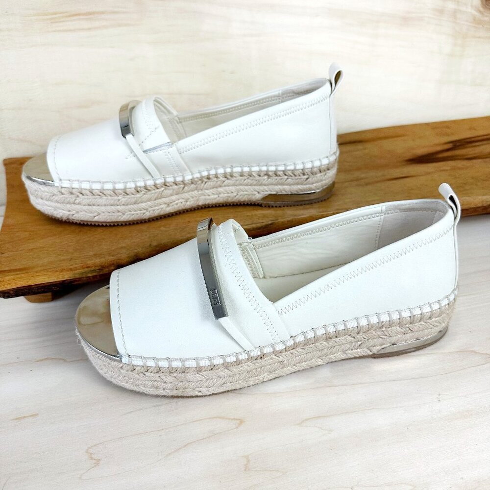 DKNY White Platform Espadrille Slip-On Shoes with Silver Accent
